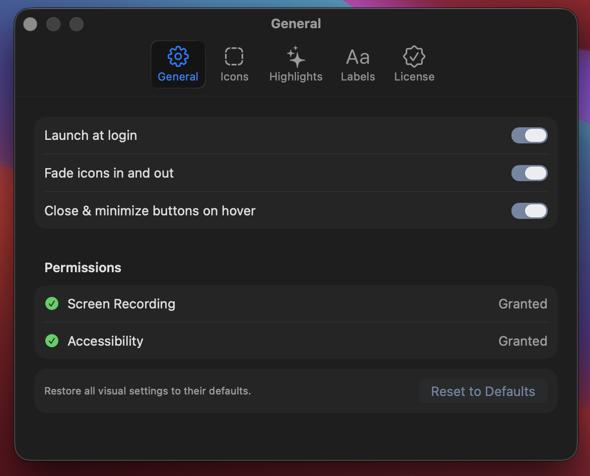 General settings panel