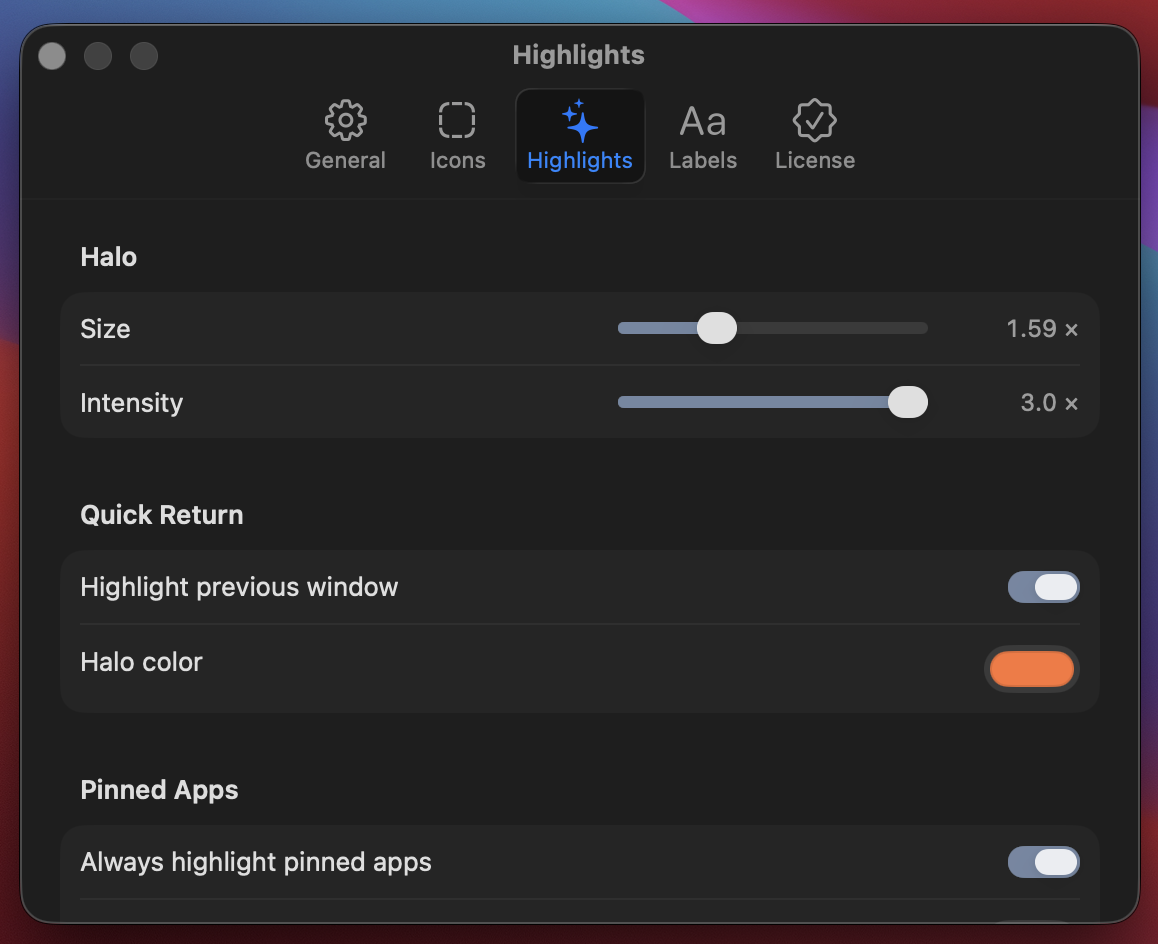 Highlight and Quick Return settings panel