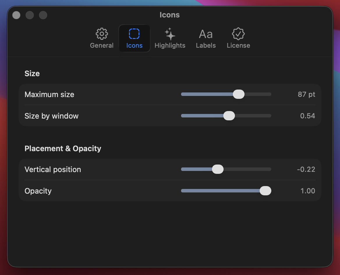 Icon settings panel