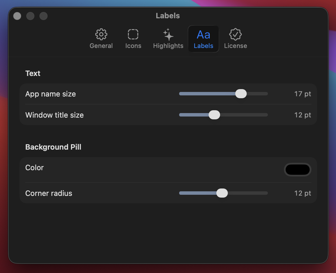 Label settings panel